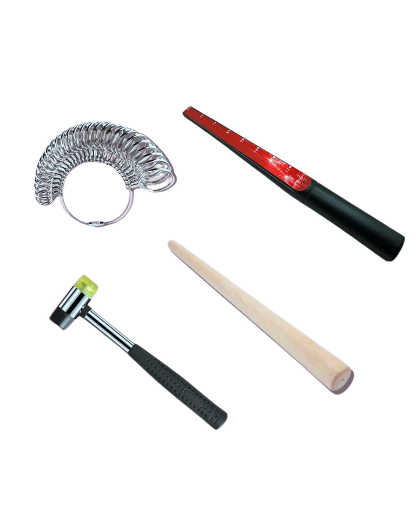 Lost wax carving tool kit for beginners. Ring sizer, wax carving blade mandrel, lightweight wooden mandrel and a soft hammer in a tool kit for beginners.